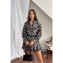 Neşeli Butik Kadın Siyah Gömlek Yaka Kat Kat Ekose Desen Mini Elbise NBNP025