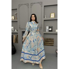 Neşeli Butik Kadın Etnik Desenli Dik Yaka Ithal Kumaş Tasarım Elbise