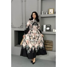 Neşeli Butik Kadın Siyah Çiçek Desenli Ithal Kumaş Tam Düğmeli Kemerli Tasarım Elbise NBMS25115