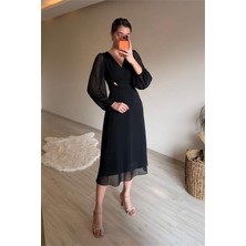 Neşeli Butik Kadın Bel Drapeli Gold Toka Detaylı Midi Boy Şifon Elbise NM025