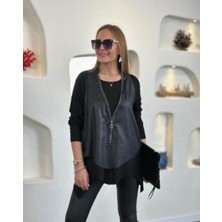 Stelol Kadın Uzun Kollu Asimetrik Kesim Viskon Bluz ve Çatlak Deri Görünümlü Yelek Ikili Takım
