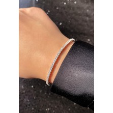 Spossy Silver Jewelry 2mm A+ Kalite Zirkon Taşlı, Pırlanta Kilit Su Yolu Bileklik