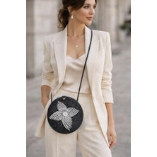 Hasır Bambu Kadın Çantası Yuvarlak Rattan Omuz Çantası El Yapımı Bohem Çapraz Askılı Çanta Çap 20 cm