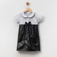 by BebekOdam Kız Çocuk Gri Siyah Deri Fiyonklu Elbise - 1016695