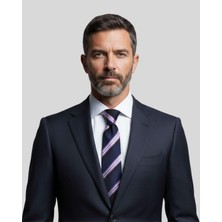 1001 Kravat Lila Çizgili 7,5 cm Genişliğinde Lacivert Ipek Kravat