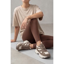 Marjin Kadın Sneaker Yüksek Kalın Taban Çok Parçalı Bağcıklı Spor Ayakkabı Vader Vizon Süet
