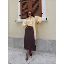 Minaaise Dantel Detaylı Saten Kahverengi Uzun Kadın Etek 31016