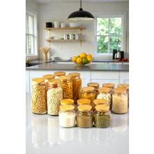 Denia Home | Terra | 18 Parça Vakumlu Bambu Kapaklı Cam Kavanoz Seti 1300ML-1000ML-500ML Etiket Hediyeli
