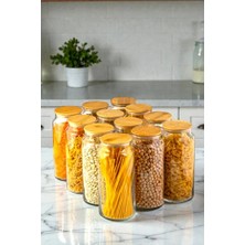 Denia Home | Grande | 12'li Vakumlu Bambu Kapaklı Büyük Boy 1300ML Kavanoz Takımı Etiket Hediyeli