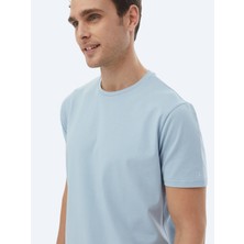 Kip Mavi Düz Bisiklet Yaka Pamuk Karışımlı T-Shirt