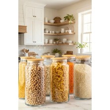 Denia Home | Grande | 6'lı Vakumlu Bambu Kapaklı Büyük Boy 1300ML Kavanoz Takımı