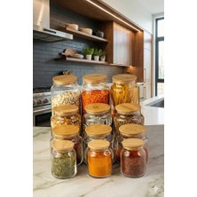 Denia Home | Liva | 12 Parça Vakumlu Bambu Kapaklı Cam Kavanoz Seti 1300ML-1000ML-500ML -290ML Etiket Hediyeli
