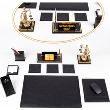 Ofistike Opta 10 Parça Themis Biblolu Siyah Deri Sümen Seti Takımı Ölçüler 50x35cm Gold Kalem