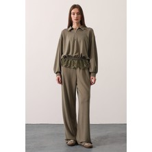 Cemo Kadın Kare Yaka Ekose Desenli Kemer Detaylı Uzun Kollu Midi Elbise