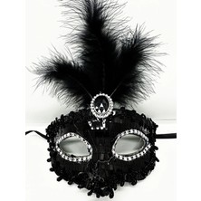 MiraLive Siyah Renk Payetli Pullu Tüylü Parti Maskesi 17X20 cm