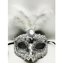 MiraLive Gümüş Renk Payetli Pullu Tüylü Parti Maskesi 17X20 cm