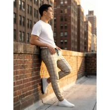 Madmext Ekoseli Krem Jogger Pantolon Erkek Dar Kesim Gabardin Kumaş Modeli MAD4081