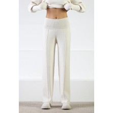 Ferraro Ekru Bol Paça Kaşmirli Yüksek Bel Çizgi Detay Kadın Triko Pantolon