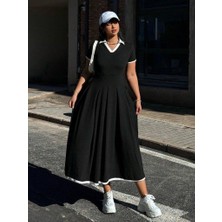 Mareandpanda Kadın Kısa Kollu V Yakalı Pileli Uzun Janjan Krep Elbise