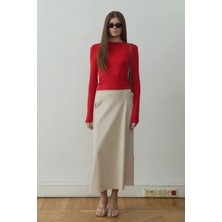 Suud Collection Bej Leda Beli Lastikli Midi Etek