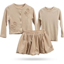 Babyrose Bayramlık Kız Çocuk  Balon Etekli Takım 3’lü Set – Bej Çiçek Nakışlı Hırka, Bluz ve Balon Etek