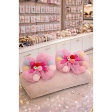 Nati Co Ponpon Detaylı Pembe Tül Fiyonk Kız Çocuk Toka (2'li) (7 Cm)