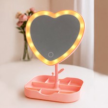 Nobbystar Organizerli LED Işıklı Pembe Kalpli Makyaj Aynası – 3 Işık Modu, Dokunmatik, Şarjlı, 360° Döner