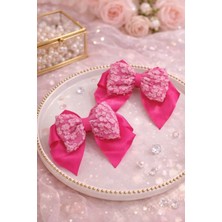 Nati Co Zarif Pembe Dantel Fiyonk Toka – Kız Çocuk Saç Aksesuarı (2'li) (7 Cm)