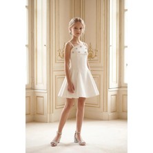 Butik Happy Kids Kız Çocuk Abiye Krem Taş Işlemeli Krep Askılı Genç Kız Abiye Elbise 10-15 Yaş
