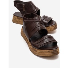 Luvi Lunas Kahverengi Hakiki Deri Yandan Fermuarlı Kadın Sandalet