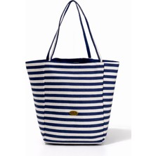 Yoyoso Geniş Hacimli, Çift Taraflı  Lacivert Çizgili Plaj Çantası