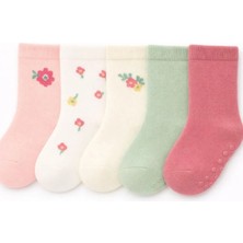 Solde 5’li Bebek/çocuk Pamuklu Günlük Çorap – Düz ve Desenli Karışık Set, Kaymaz Tabanlı, Kaliteli