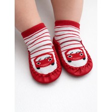 Minissa Baby Kids Çarık Çorap Kırmızı Arabalı Kaymaz Taban Deri Bebek Çocuk Patiği
