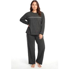 Akbeniz Büyük Beden Şerit Detaylı Kalın Uzun Kollu Kadın Pijama Takımı  Antrasit