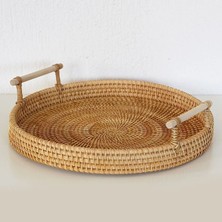 Renesse Home Akra El Yapımı Doğal Rattan Servis Tepsisi – Ahşap Saplı Dekoratif Kahve ve Sunum Tepsisi