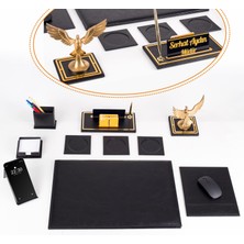 Ofistike Opta 10 Parça Anka Kuşu Biblolu Siyah Deri Sümen Seti Takımı Gold Kalem Ofis Masa Isimliği Isimlik