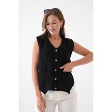 Saint Majesta Kadın Müslin Cepken Yelek Bluz %100 Pamuk Önden Düğmeli Yazlık Şık Üst