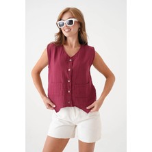 Saint Majesta Kadın Müslin Cepken Yelek Bluz %100 Pamuk Önden Düğmeli Yazlık Şık Üst