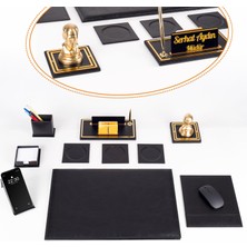 Ofistike Opta 10 Parça Atatürk Biblolu Siyah Deri Sümen Seti Takımı Gold Kalem Ofis Masa Isimliği Isimlik