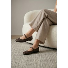 Violet Acı Kahve Mat Örgü Desenli Altın Toka Detay Düz Taban Kadın Babet