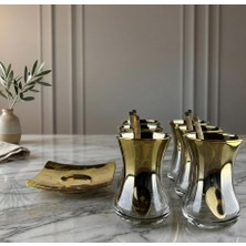 Hediyelik Altın Işıltısı Vav ve Semazen Temalı 6 Kişilik Premium Çay Bardağı Set Bakır Tabak