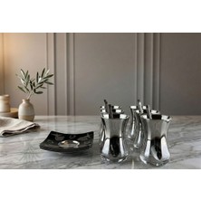 Hediyelik Gümüş Işıltısı Vav ve Semazen Temalı 6 Kişilik Premium Çay Bardağı Set Bakır Tabak