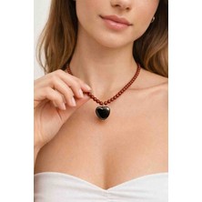 Cunda Doğal Taş Design Akik Doğal Taş Kolye Hematit Kalp Uçlu