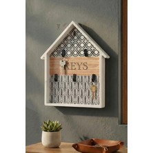 KaktüsKedi Dekoratif Ev Tasarımlı Duvar Anahtar Askısı - Beyaz Çerçeveli El Yapımı Modern Anahtarlık