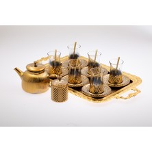 Hediyelik & Lüks Titanyum Kaplama Çay Seti - Tepsili Demlikli 6 Kişilik Bardak & Kaşık Takımı