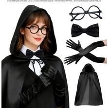 Derin Stok Siyah Kapüşonlu Büyücü ve Cadı Pelerin Kostüm Seti (4 Parça)