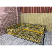 Coton Şark Köşesi Minderi Şili Desenli 120x180 cm Kilim Takımı Konsept Sarı Lacivert 10 Parça