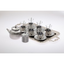 Hediyelik & Lüks Titanyum Kaplama Çay Seti - Tepsili Demlikli 6 Kişilik Bardak & Kaşık Takımı