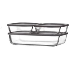 Lav Cube Cam Saklama Kabı Seti 3'lü Büyük Boy 1170 ml Gri Plastik Kapaklı