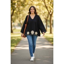 Tosbik Otantik Tosbikotantik Kişiye Özel Tasarım Elişi Motifli Siyah Pazen Bluz